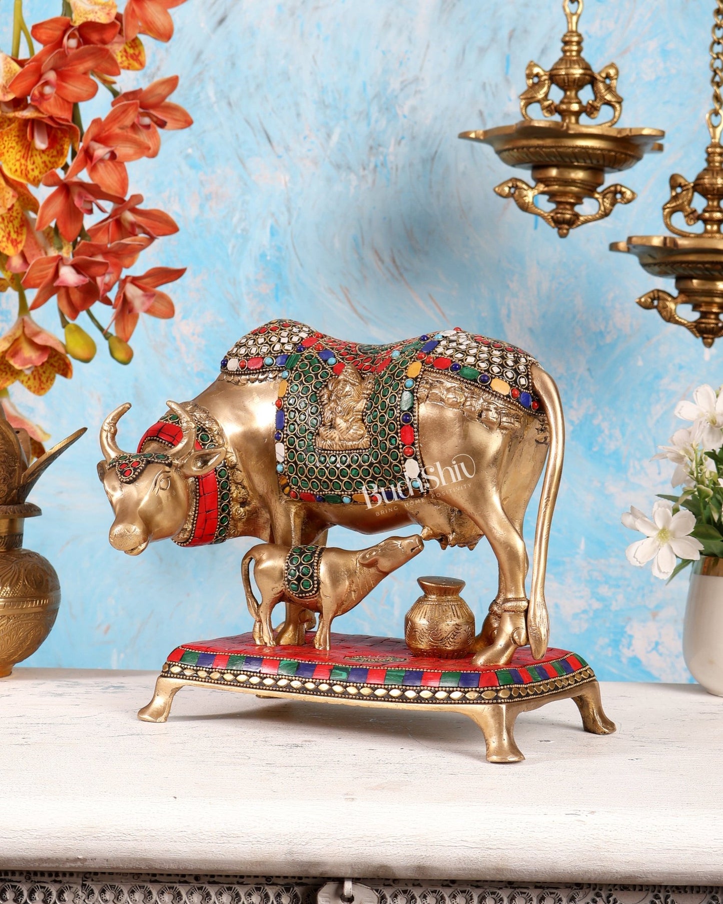 Brass Kamadhenu Cow with Calf Idol – Ganesh Lakshmi Carvings with Stonework Divine Statue (11 Inches) - Budhshiv.com