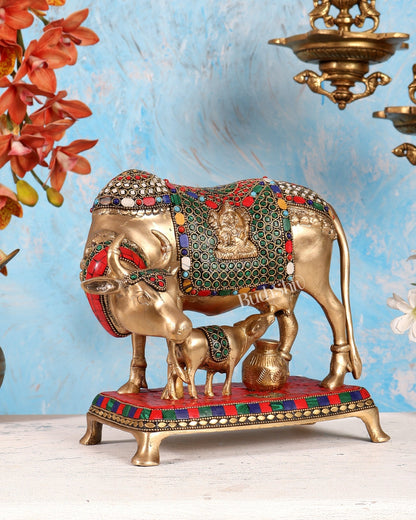 Brass Kamadhenu Cow with Calf Idol – Ganesh Lakshmi Carvings with Stonework Divine Statue (11 Inches) - Budhshiv.com