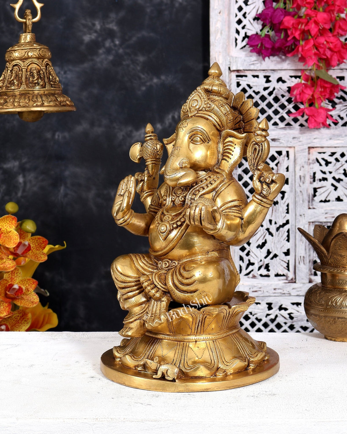 Brass Kamal Ganesha Idol 15 inch - Budhshiv.com