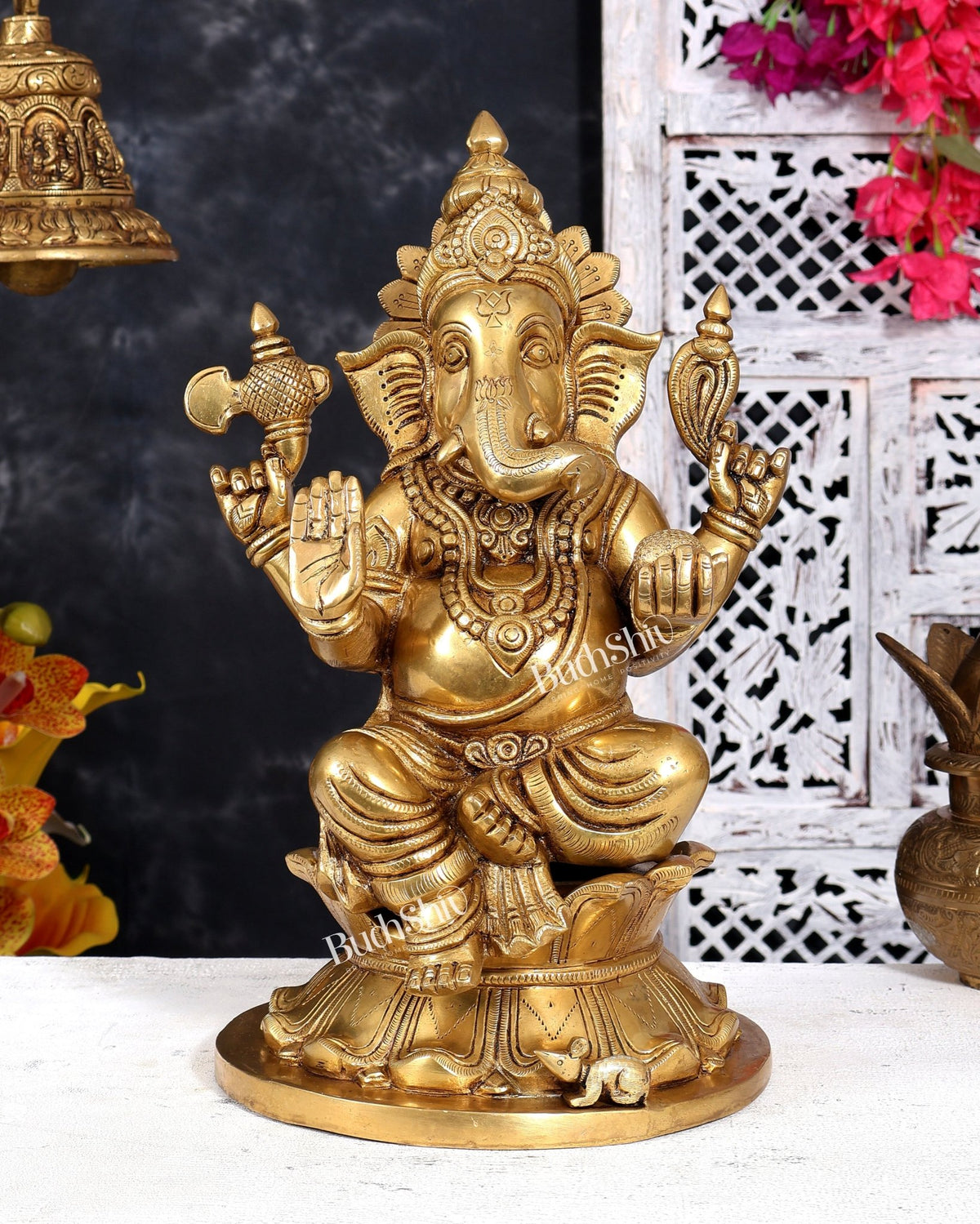 Brass Kamal Ganesha Idol 15 inch - Budhshiv.com