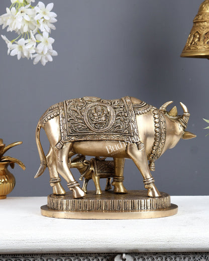 Brass Kamdhenu Cow with Calf Ganesh Lakshmi Carvings – Matte Finish Divine Statue 10 Inch - Budhshiv.com