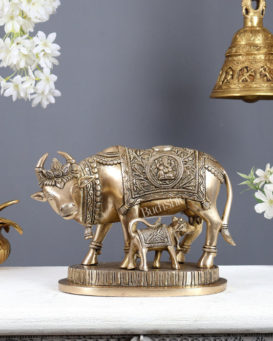 Brass Kamdhenu Cow with Calf Ganesh Lakshmi Carvings – Matte Finish Divine Statue 10 Inch - Budhshiv.com