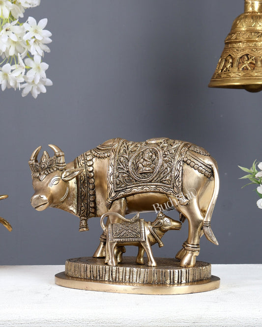 Brass Kamdhenu Cow with Calf Ganesh Lakshmi Carvings – Matte Finish Divine Statue 10 Inch - Budhshiv.com