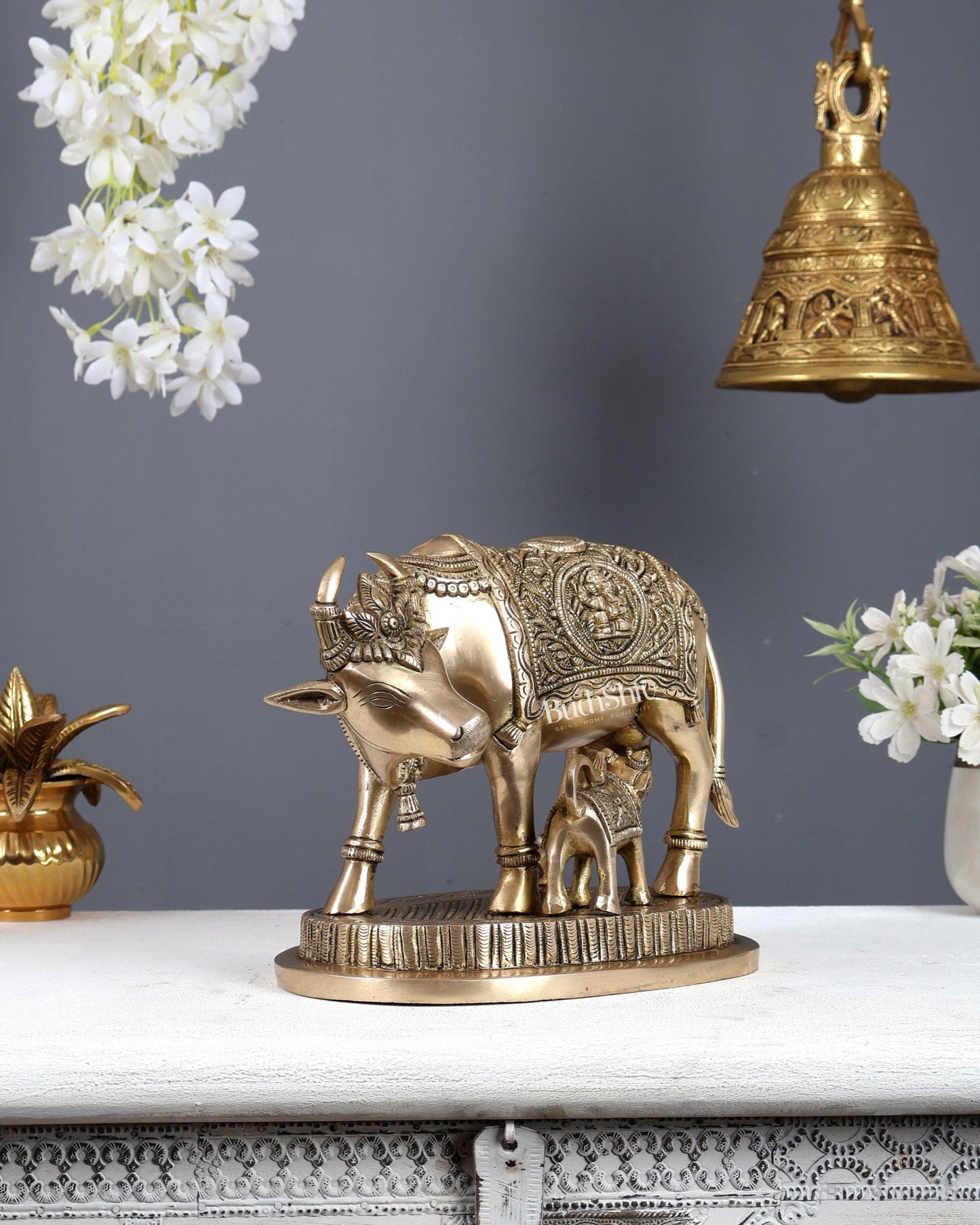 Brass Kamdhenu Cow with Calf Ganesh Lakshmi Carvings – Matte Finish Divine Statue 10 Inch - Budhshiv.com