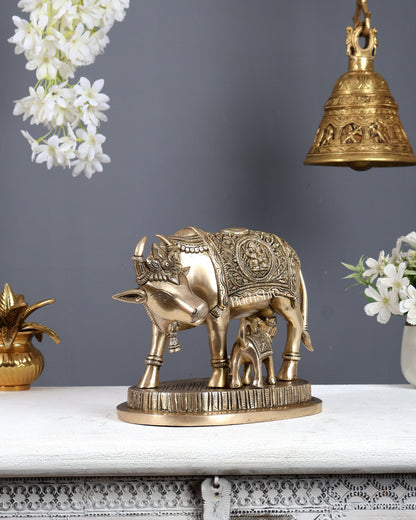 Brass Kamdhenu Cow with Calf Ganesh Lakshmi Carvings – Matte Finish Divine Statue 10 Inch - Budhshiv.com