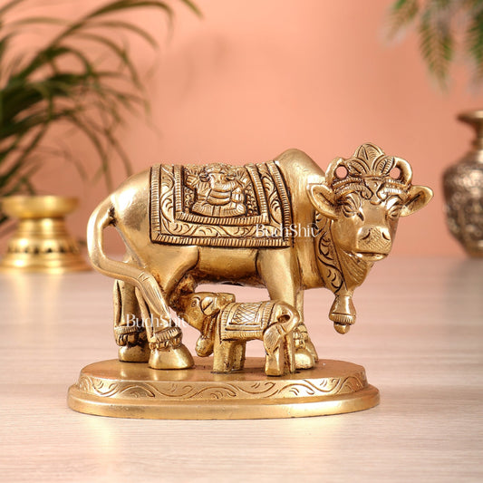 Brass kamdhenu Cow with Calf Idol 3" with ganesh lakshmi carvings - Budhshiv.com
