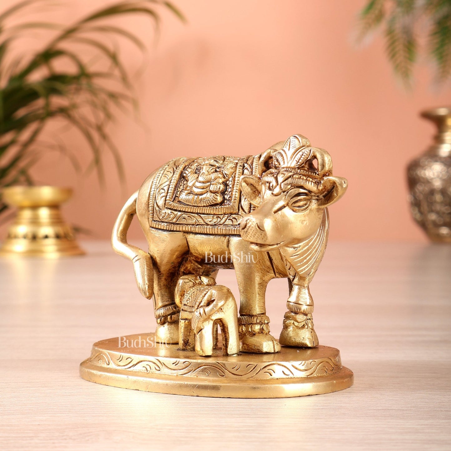 Brass kamdhenu Cow with Calf Idol 3" with ganesh lakshmi carvings - Budhshiv.com