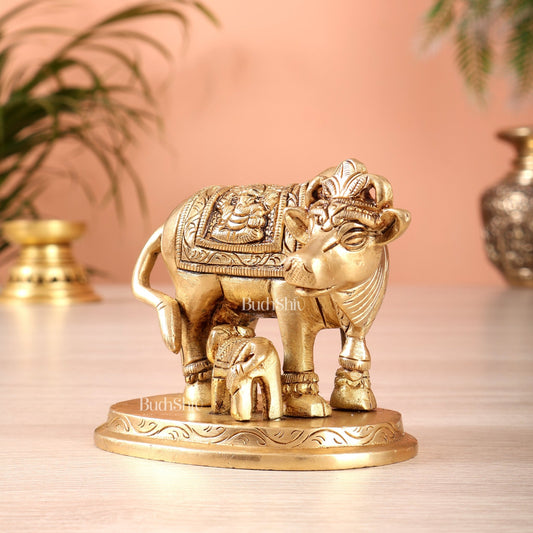 Brass kamdhenu Cow with Calf Idol 3" with ganesh lakshmi carvings - Budhshiv.com