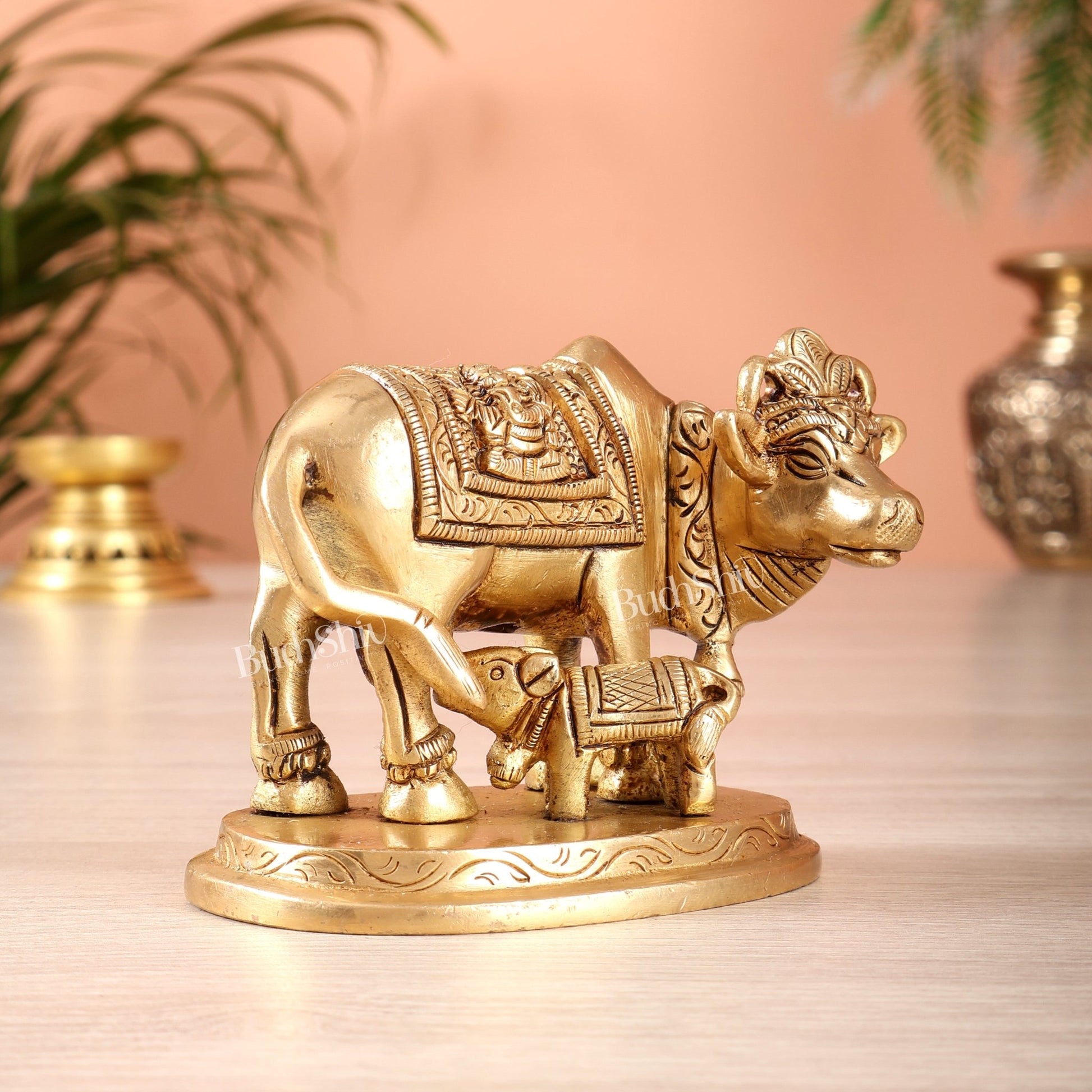 Brass kamdhenu Cow with Calf Idol 3" with ganesh lakshmi carvings - Budhshiv.com