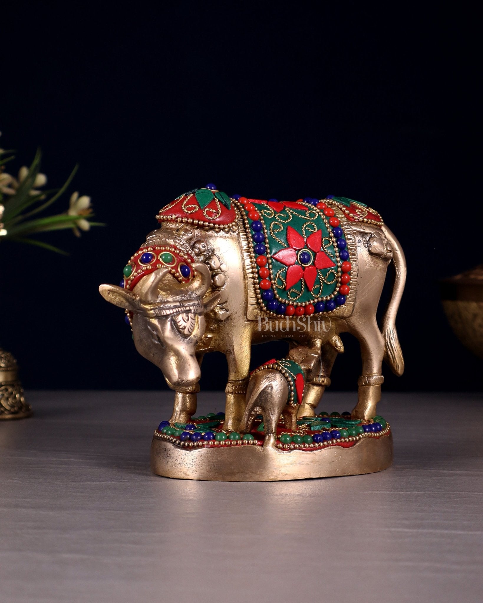 Brass Kamdhenu Cow with Calf Idol – 3.8 Inch with floral stonework - Budhshiv.com