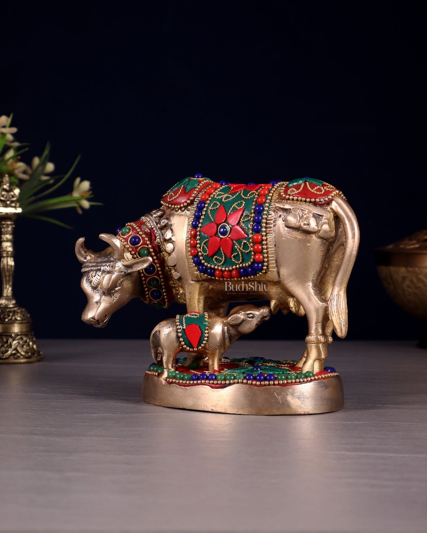 Brass Kamdhenu Cow with Calf Idol – 3.8 Inch with floral stonework - Budhshiv.com