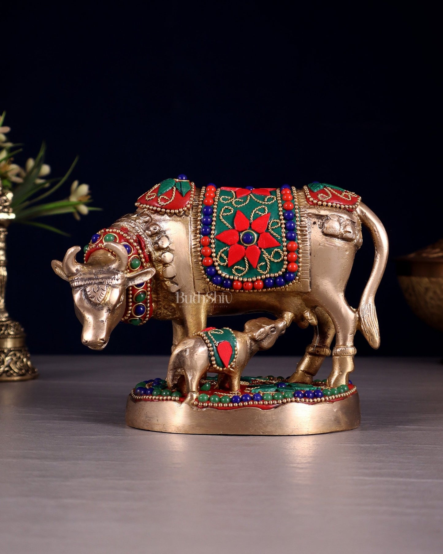 Brass Kamdhenu Cow with Calf Idol – 3.8 Inch with floral stonework - Budhshiv.com