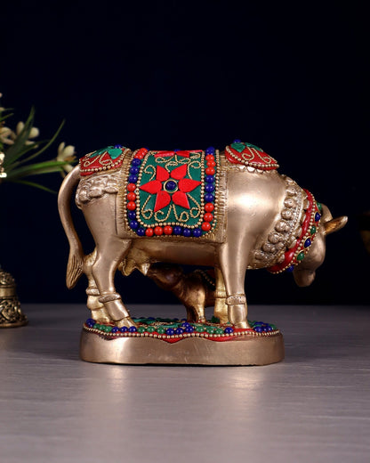 Brass Kamdhenu Cow with Calf Idol – 3.8 Inch with floral stonework - Budhshiv.com