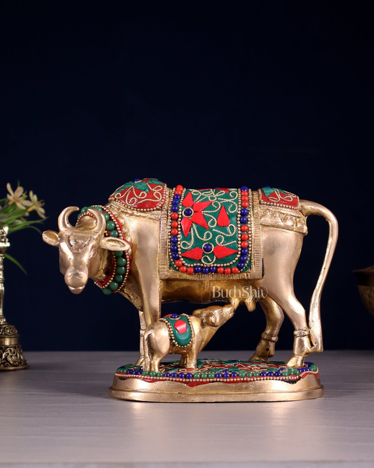 Brass Kamdhenu Cow with Calf Idol – 5" with floral stonework - Budhshiv.com