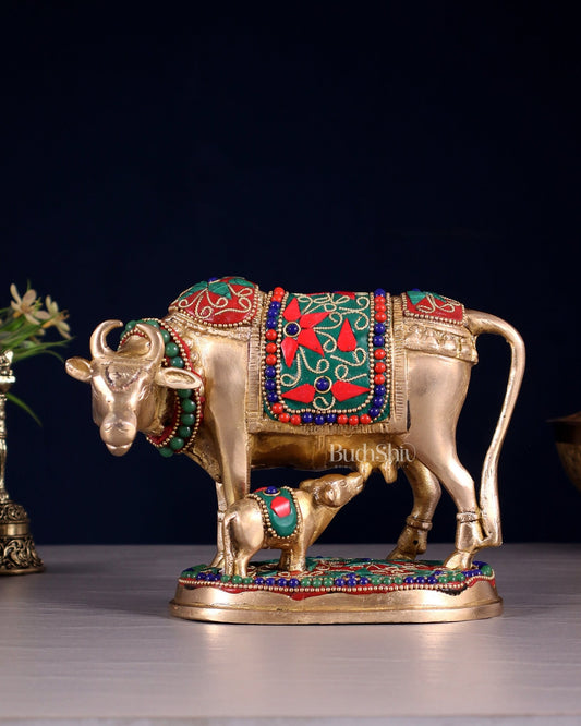 Brass Kamdhenu Cow with Calf Idol – 5" with floral stonework - Budhshiv.com