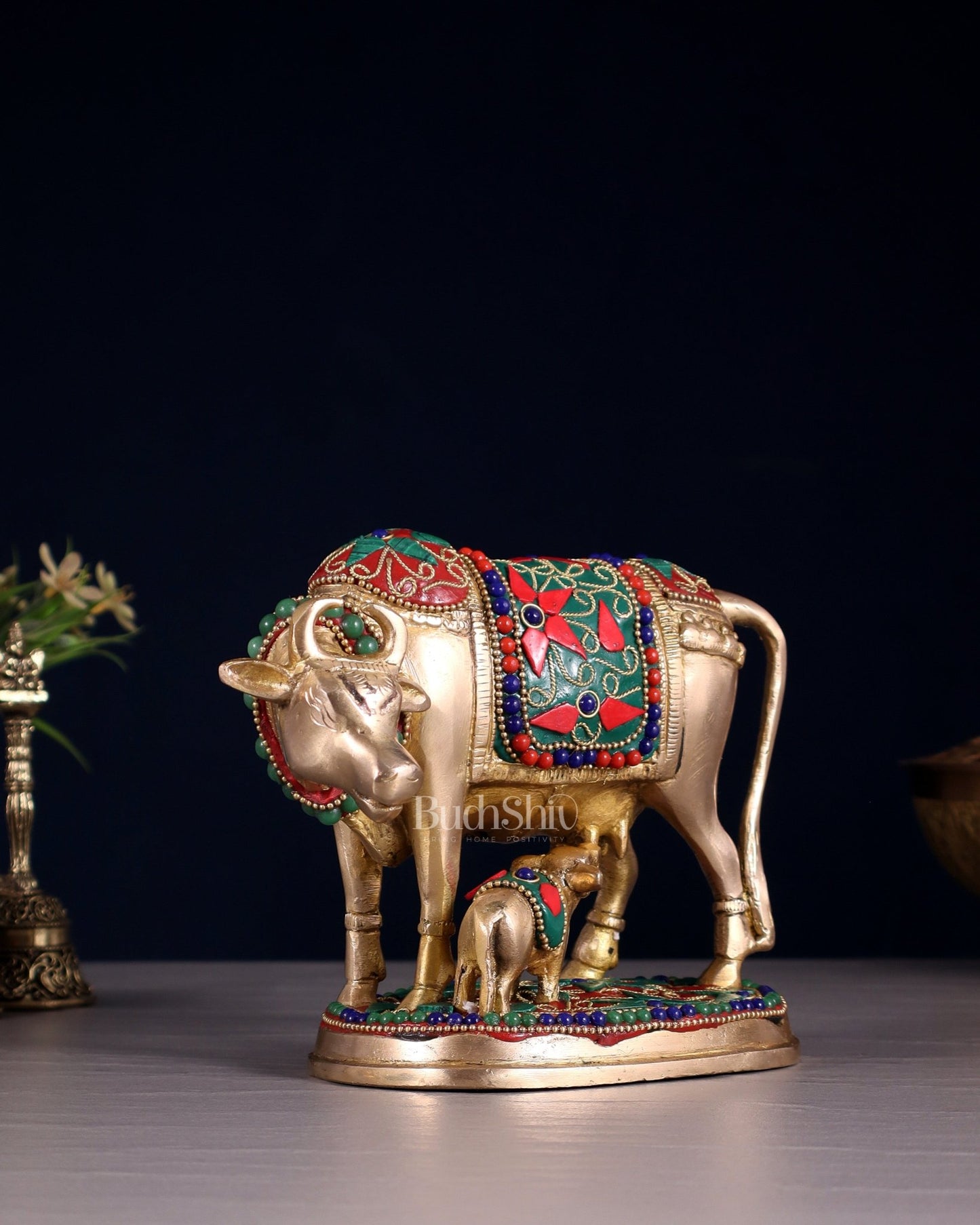 Brass Kamdhenu Cow with Calf Idol – 5" with floral stonework - Budhshiv.com