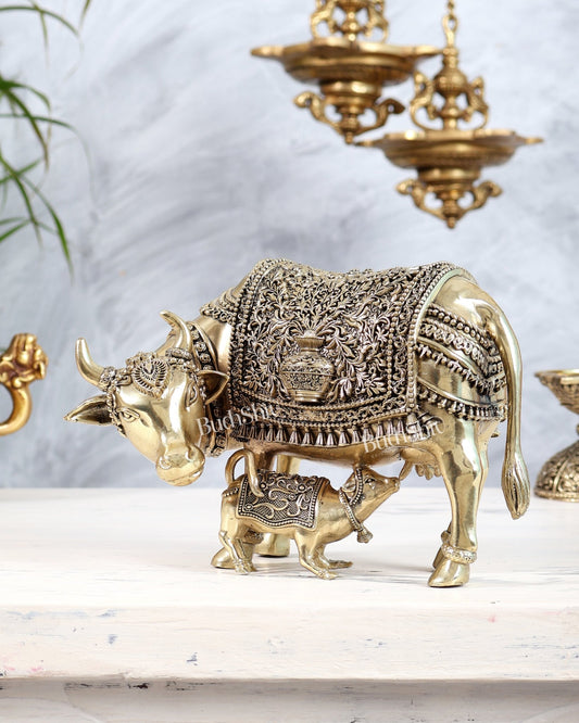 Brass Kamdhenu Cow with Calf Idol | Auspicious Cow & Calf Statue with Kalash Carvings 6.5" - Budhshiv.com