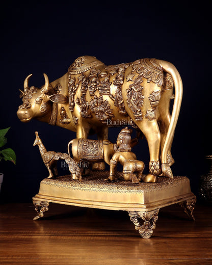 Brass Kamdhenu cow with calf idol large 20 inch - Budhshiv.com