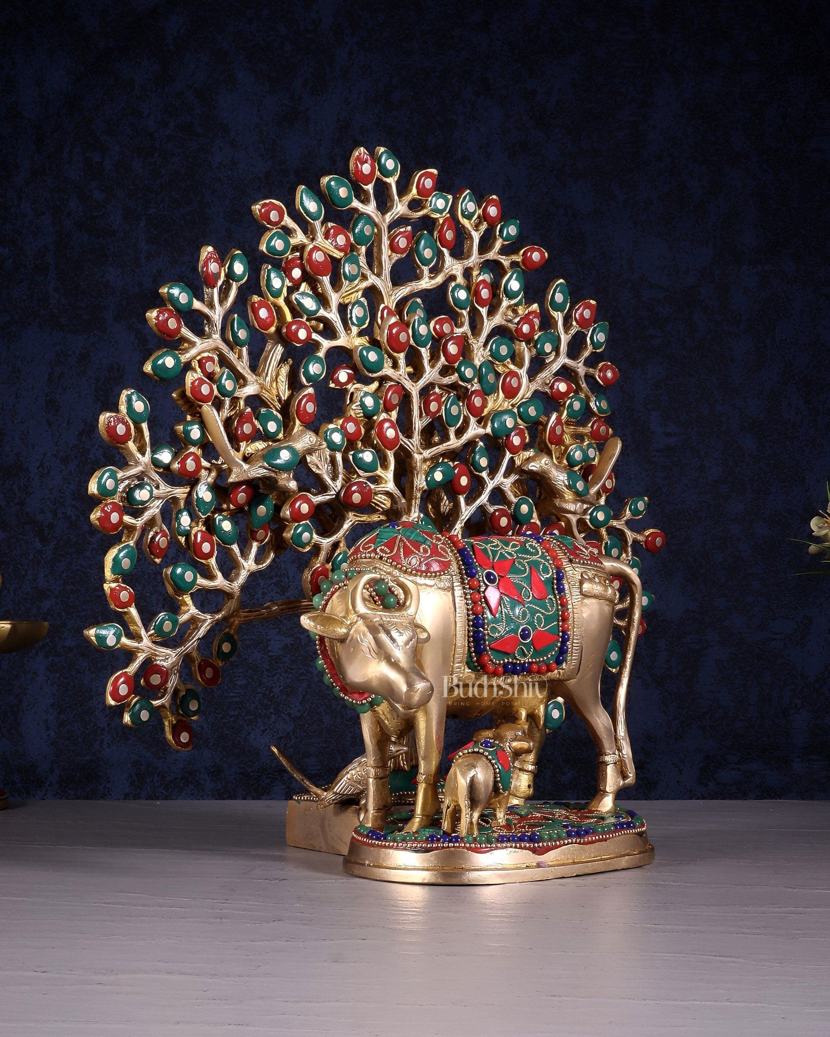 Brass Kamdhenu Cow with Calf & Kalpavriksha Tree of Life Combo – Meenakari Stonework 11" - Budhshiv.com