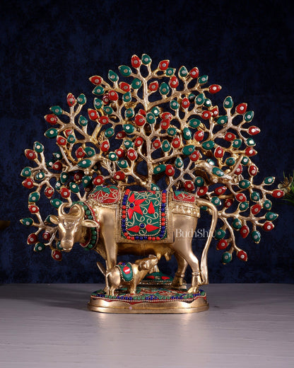 Brass Kamdhenu Cow with Calf & Kalpavriksha Tree of Life Combo – Meenakari Stonework 11" - Budhshiv.com