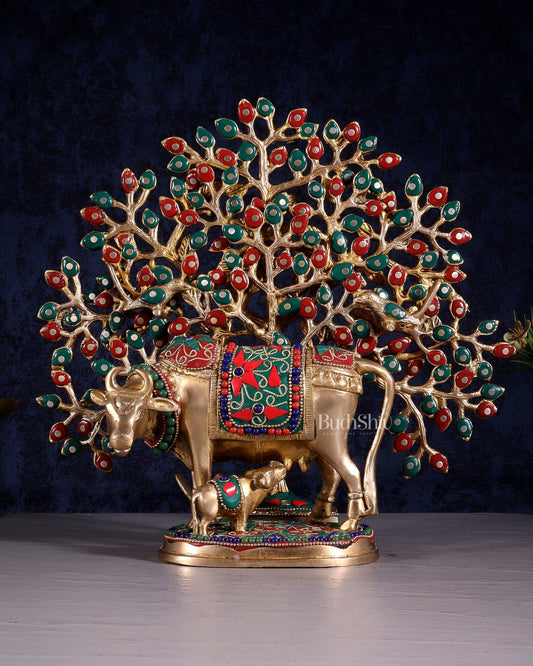 Brass Kamdhenu Cow with Calf & Kalpavriksha Tree of Life Combo – Meenakari Stonework 11" - Budhshiv.com
