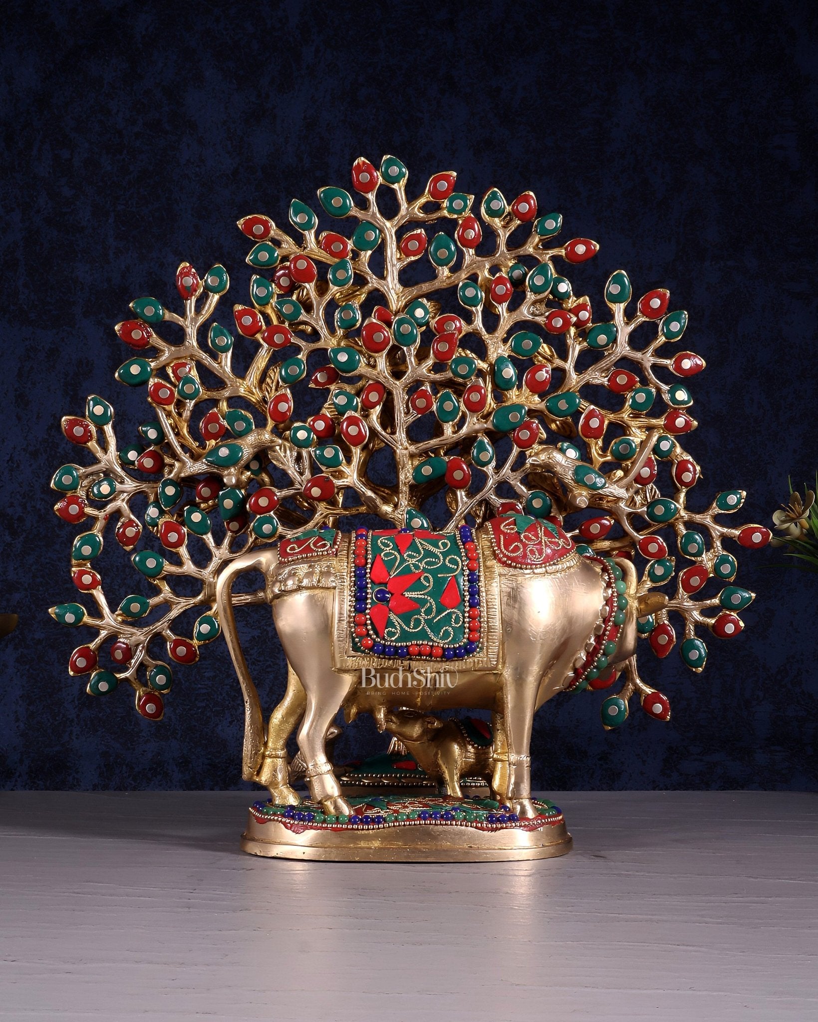 Brass Kamdhenu Cow with Calf & Kalpavriksha Tree of Life Combo – Meenakari Stonework 11" - Budhshiv.com