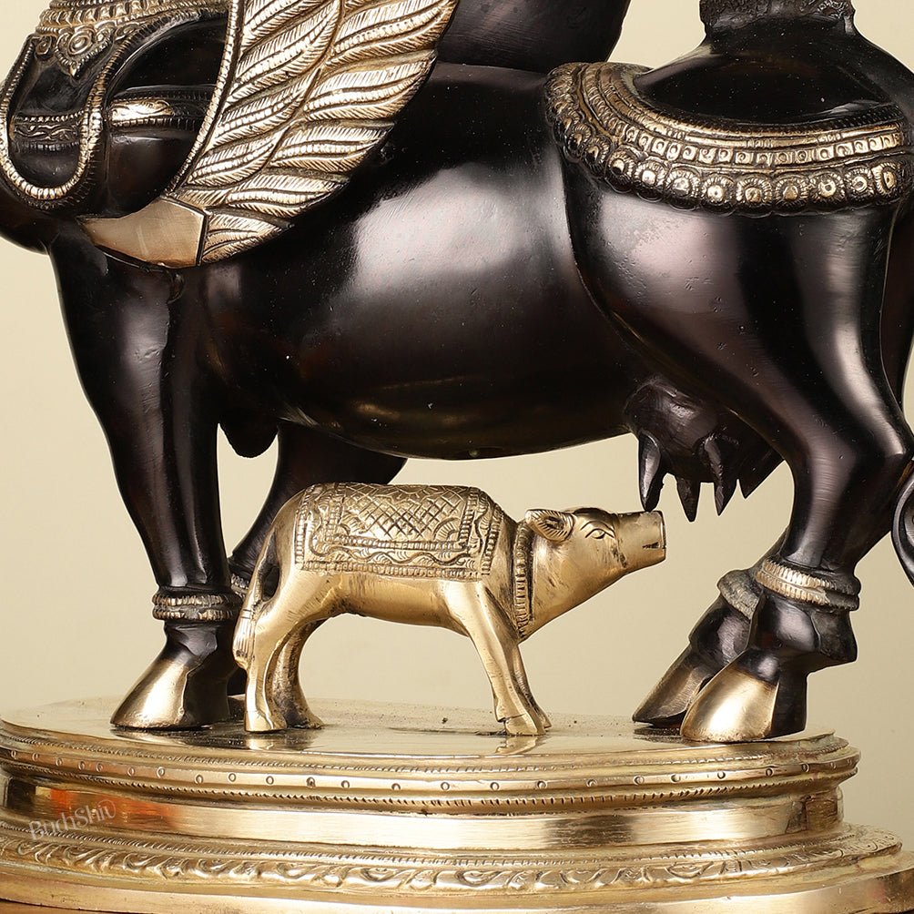 Brass Kamdhenu Cow with calf Statue | 16.5" Tall | Black edition - Budhshiv.com