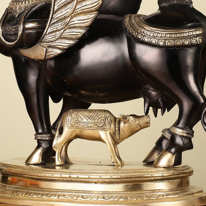 Brass Kamdhenu Cow with calf Statue | 16.5" Tall | Black edition - Budhshiv.com