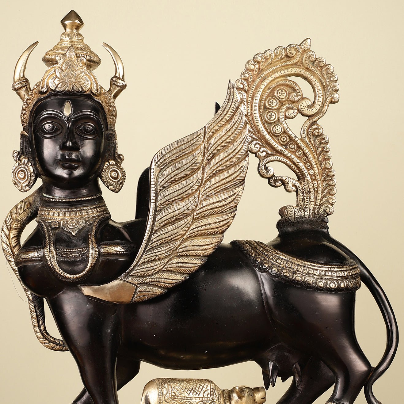 Brass Kamdhenu Cow with calf Statue | 16.5" Tall | Black edition - Budhshiv.com