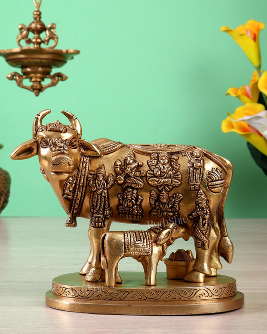 Brass Kamdhenu Cow with Calf Statue with Deities 6.5 inch - Budhshiv.com