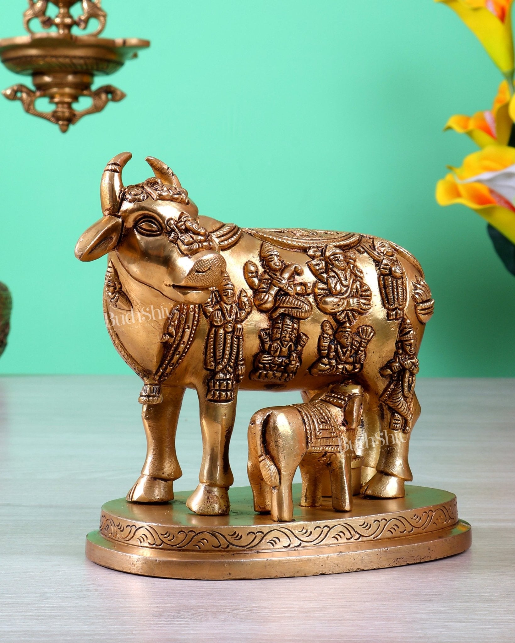 Brass Kamdhenu Cow with Calf Statue with Deities 6.5 inch - Budhshiv.com