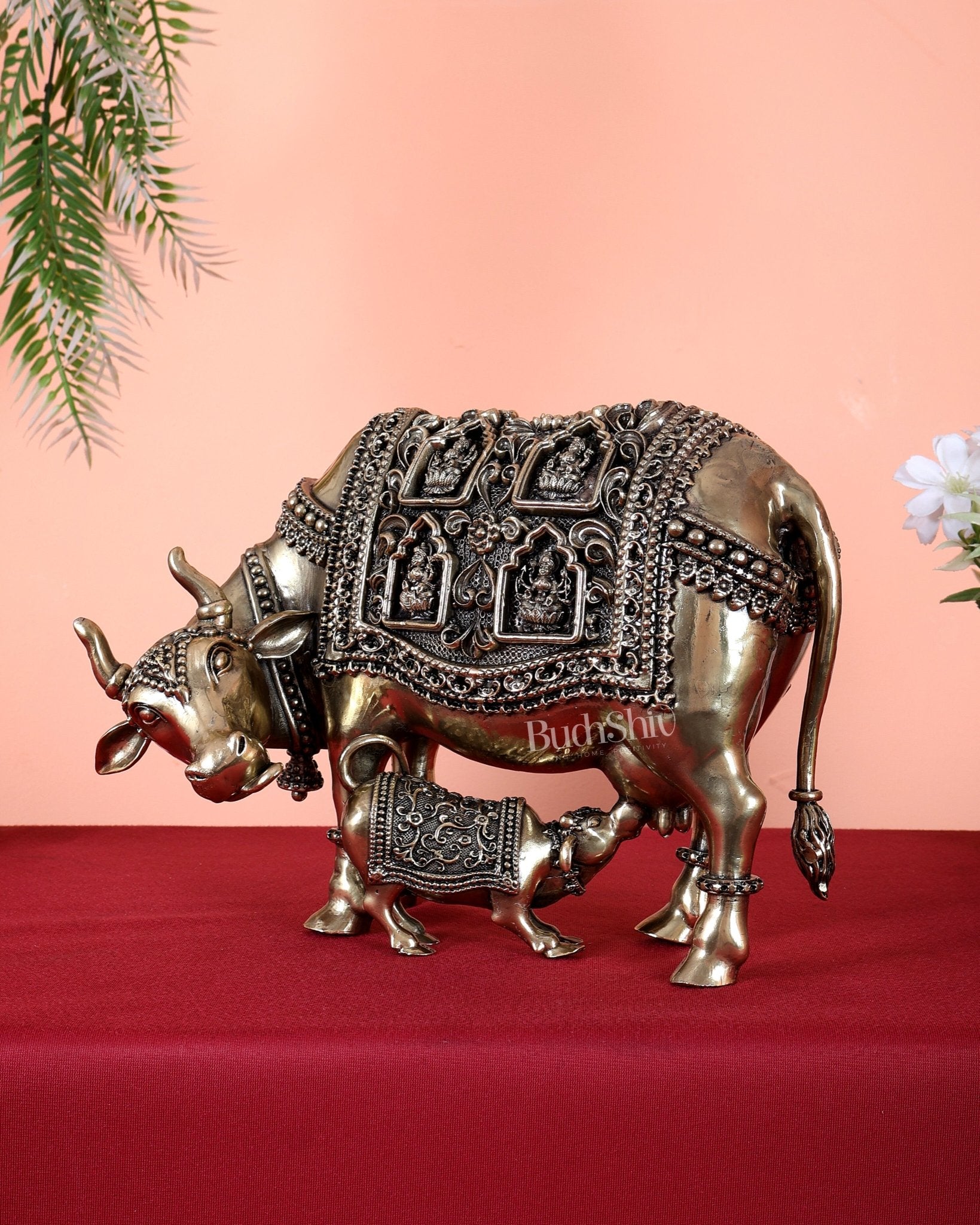 Brass Kamdhenu Cow with Calf with ashtalakshmi carvings 9" - Budhshiv.com