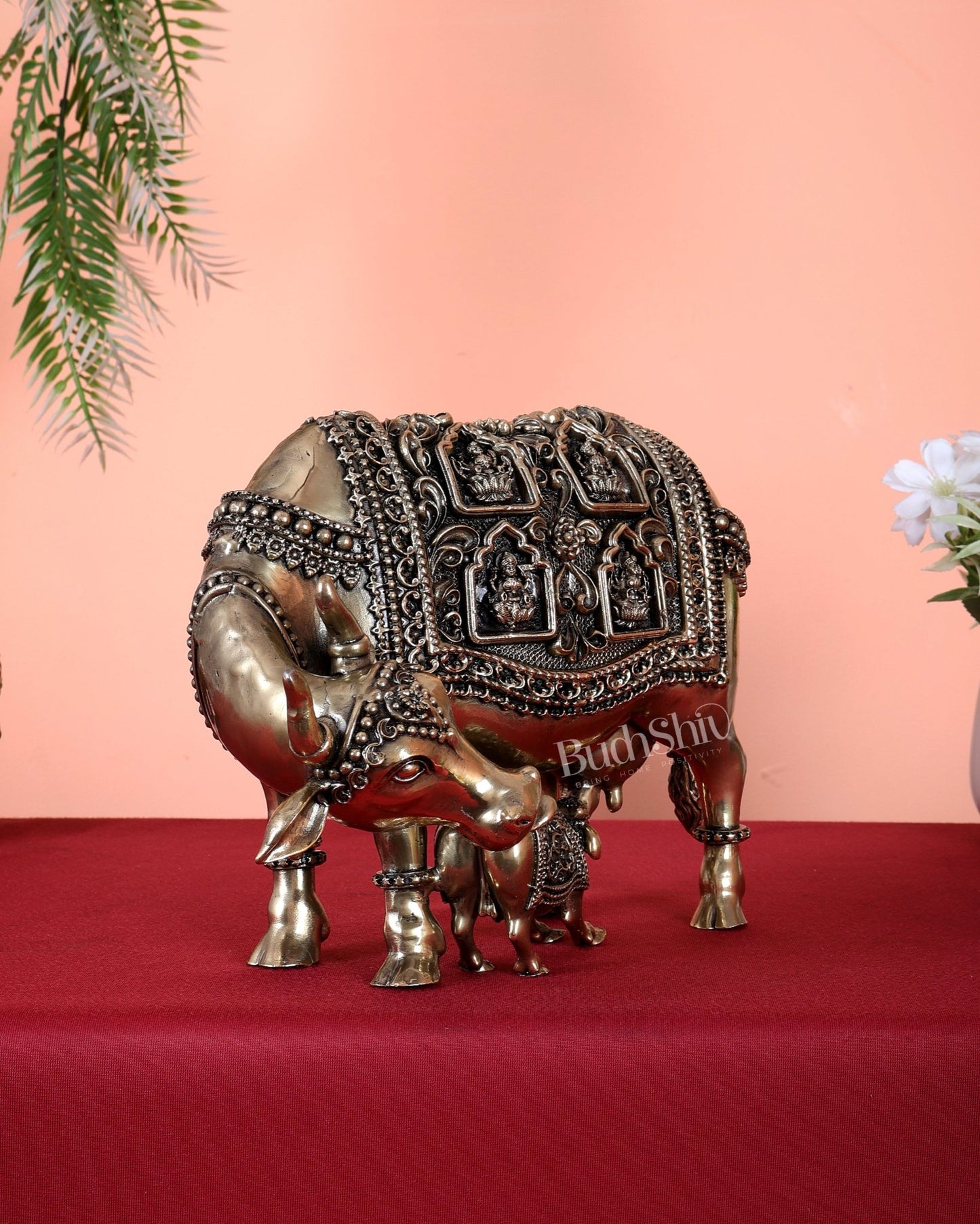 Brass Kamdhenu Cow with Calf with ashtalakshmi carvings 9" - Budhshiv.com