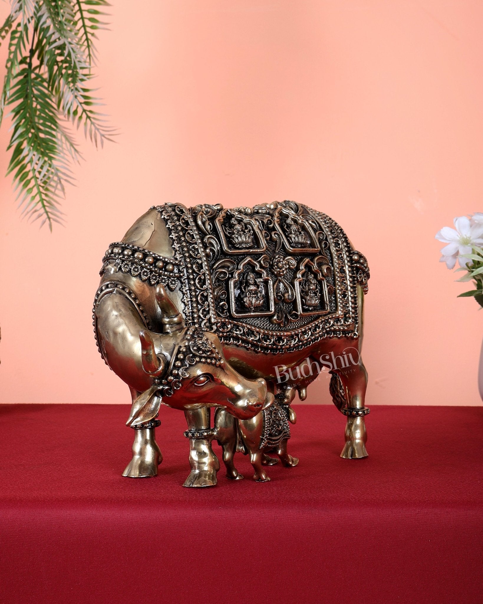 Brass Kamdhenu Cow with Calf with ashtalakshmi carvings 9" - Budhshiv.com