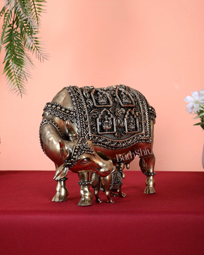 Brass Kamdhenu Cow with Calf with ashtalakshmi carvings 9" - Budhshiv.com
