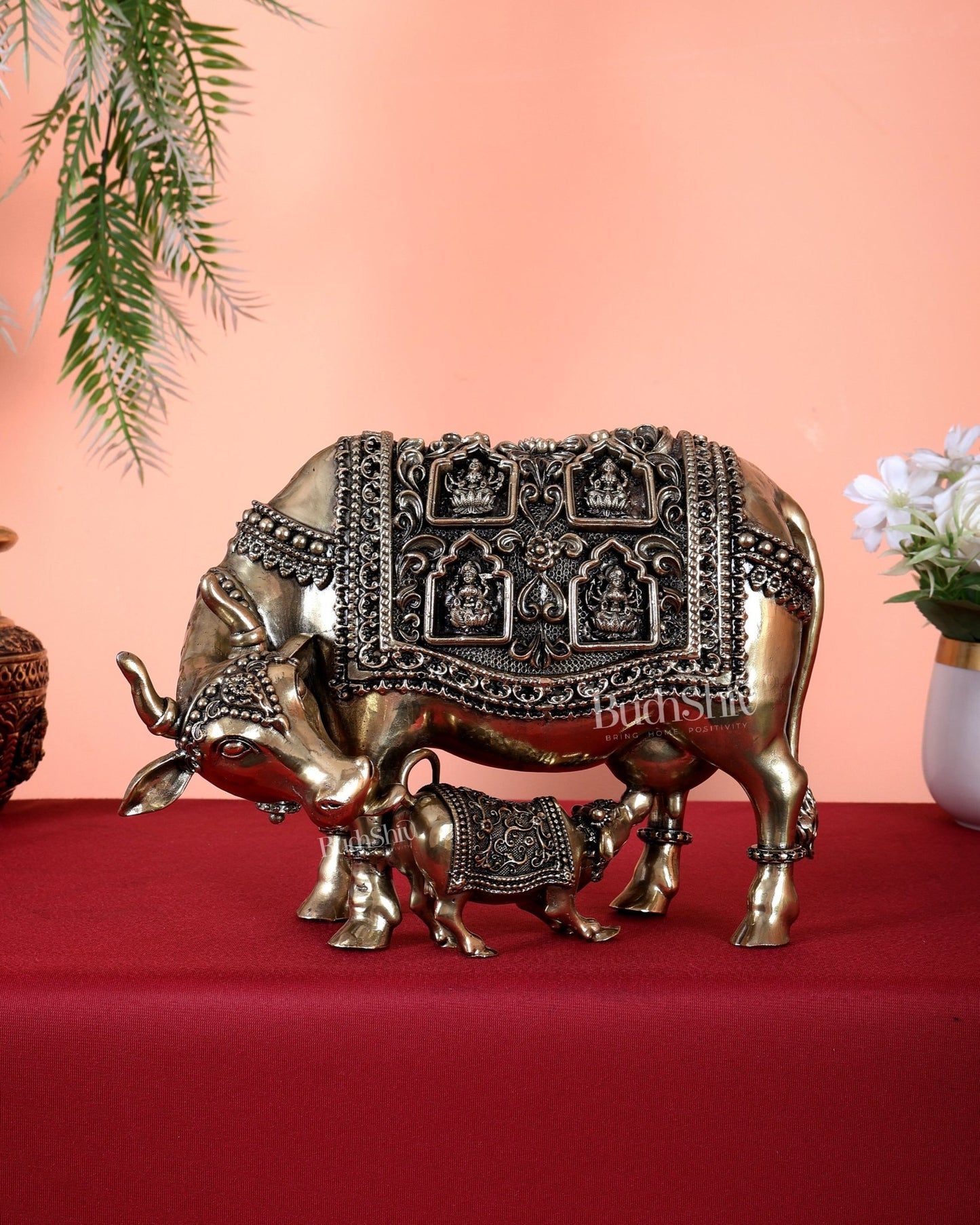 Brass Kamdhenu Cow with Calf with ashtalakshmi carvings 9" - Budhshiv.com