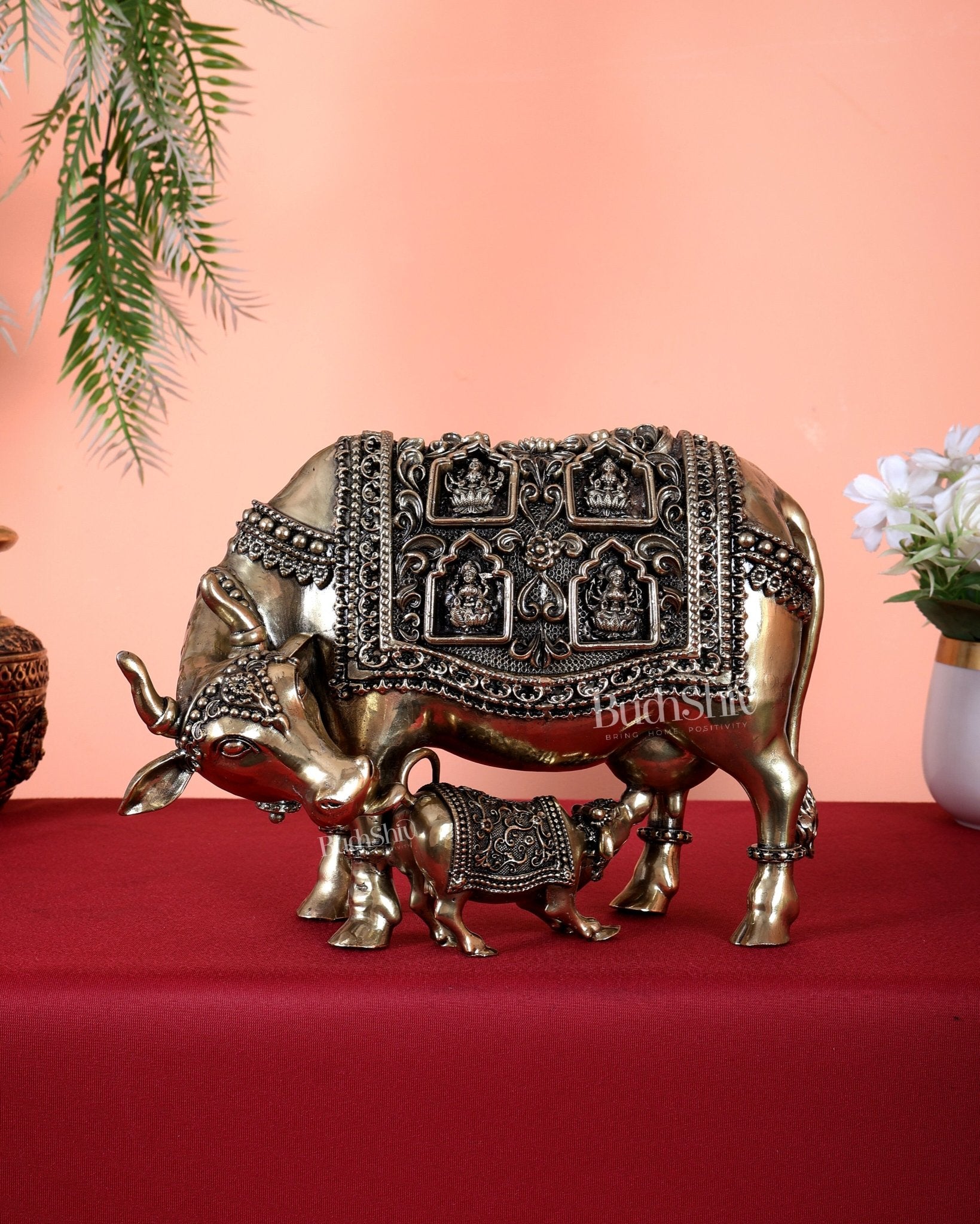 Brass Kamdhenu Cow with Calf with ashtalakshmi carvings 9" - Budhshiv.com