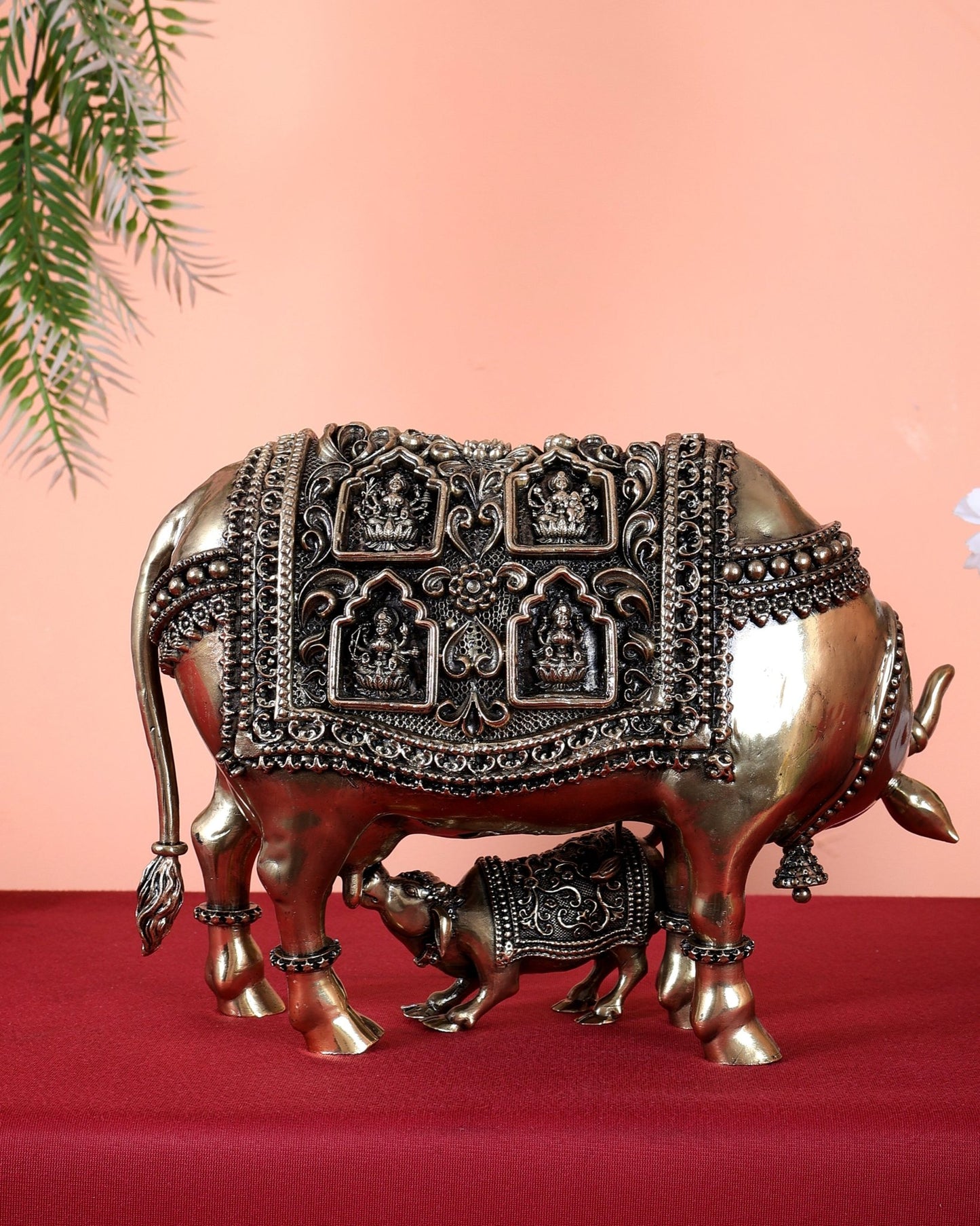 Brass Kamdhenu Cow with Calf with ashtalakshmi carvings 9" - Budhshiv.com