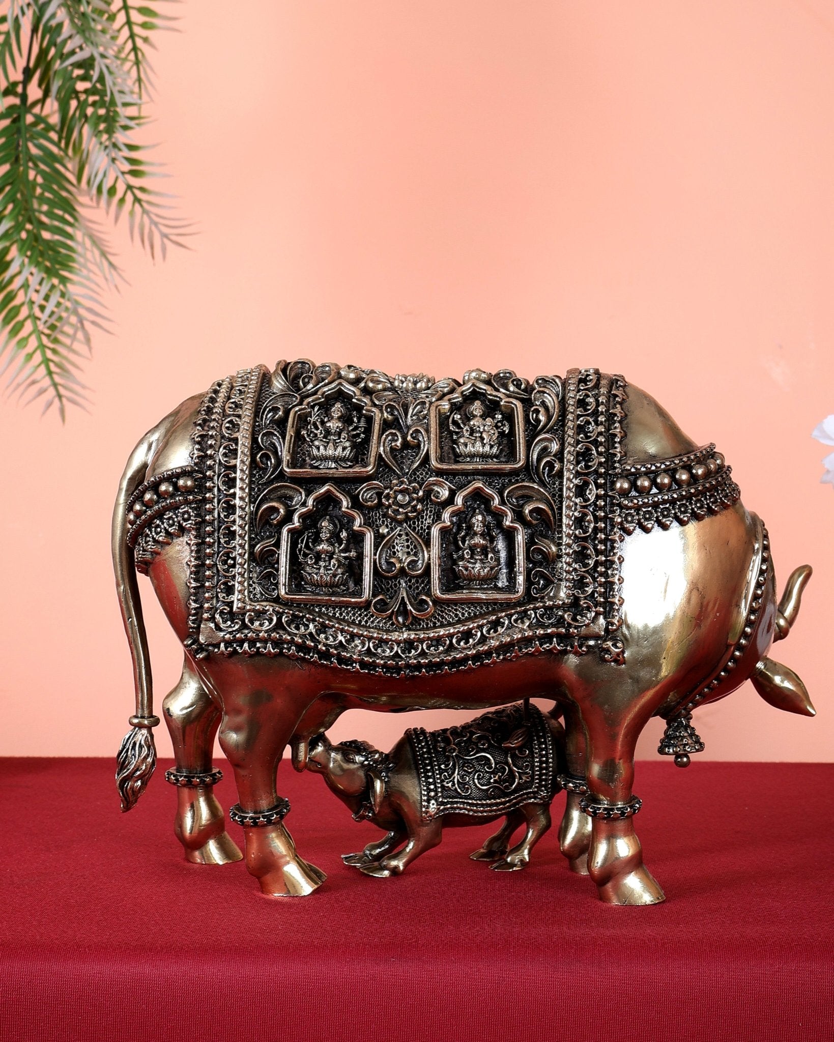 Brass Kamdhenu Cow with Calf with ashtalakshmi carvings 9" - Budhshiv.com
