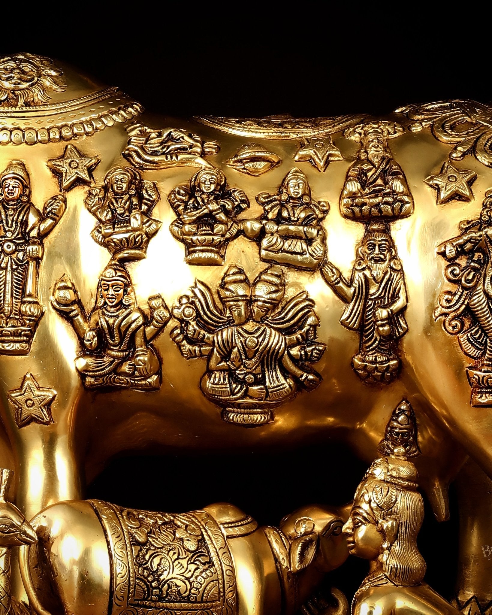Brass Kamdhenu Large Cow with Calf, bal gopal and engraved deities 20" - Budhshiv.com