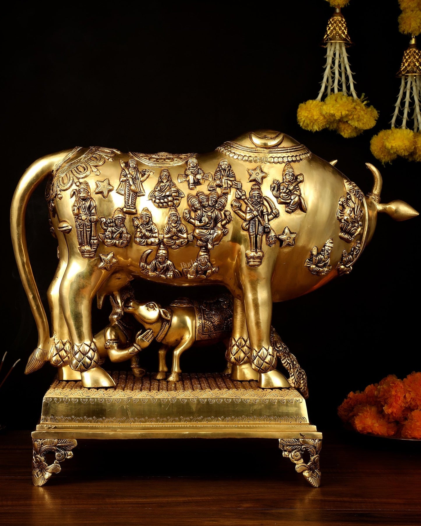 Brass Kamdhenu Large Cow with Calf, bal gopal and engraved deities 20" - Budhshiv.com