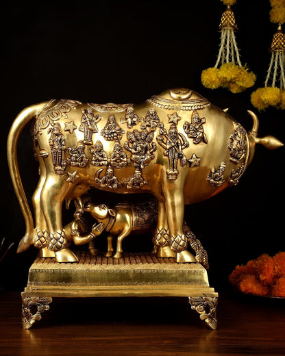 Brass Kamdhenu Large Cow with Calf, bal gopal and engraved deities 20" - Budhshiv.com