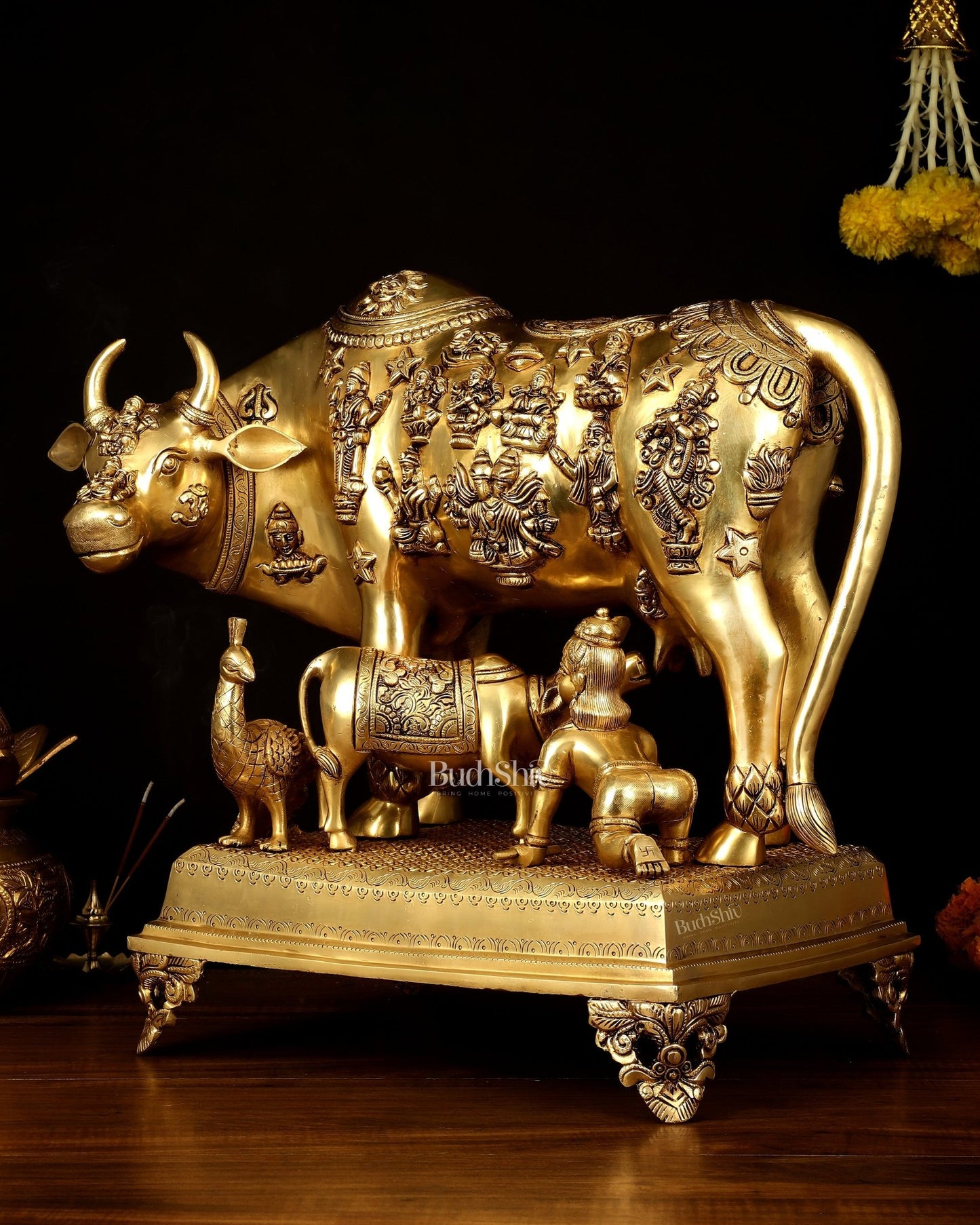 Brass Kamdhenu Large Cow with Calf, bal gopal and engraved deities 20" - Budhshiv.com