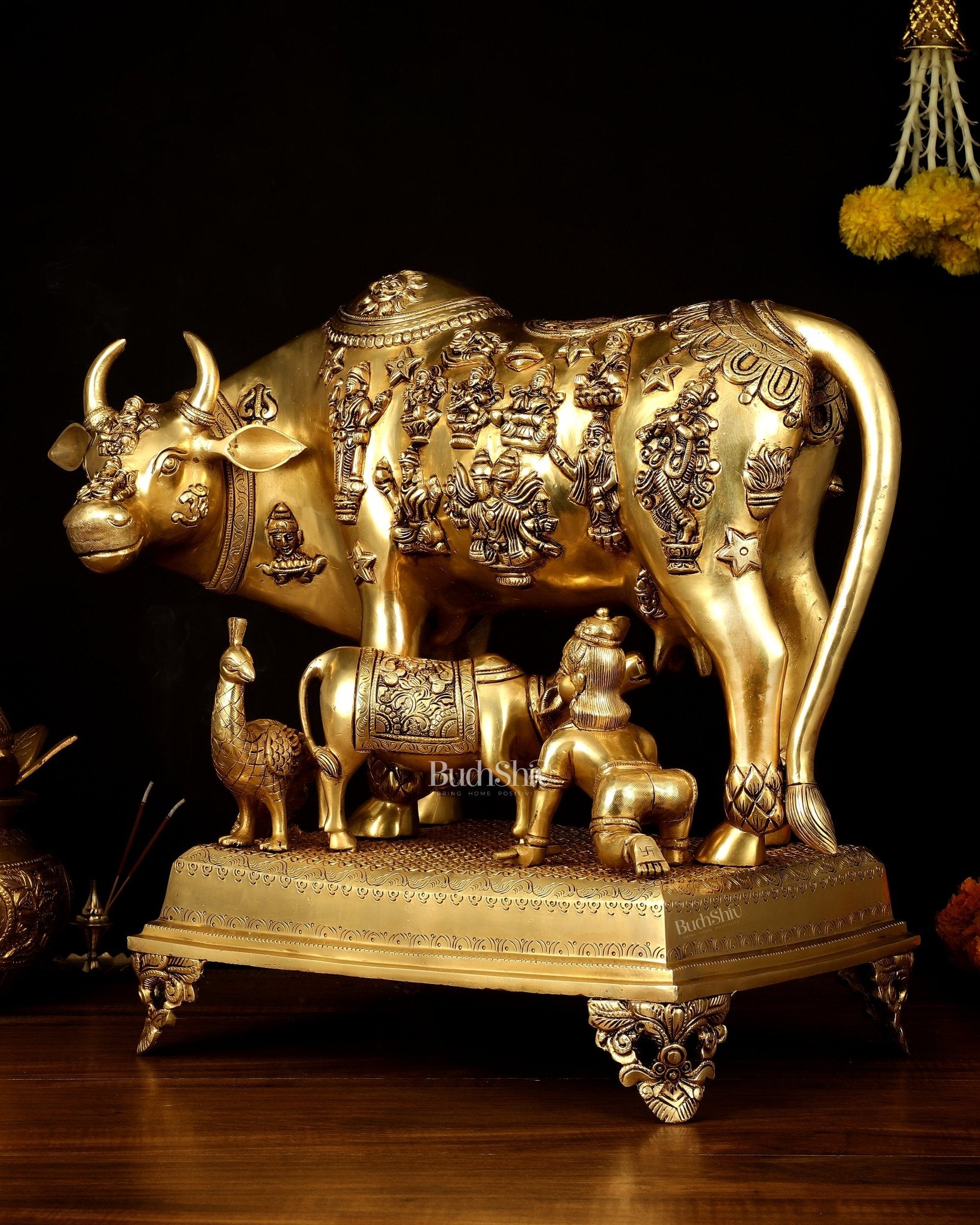 Brass Kamdhenu Large Cow with Calf, bal gopal and engraved deities 20" - Budhshiv.com