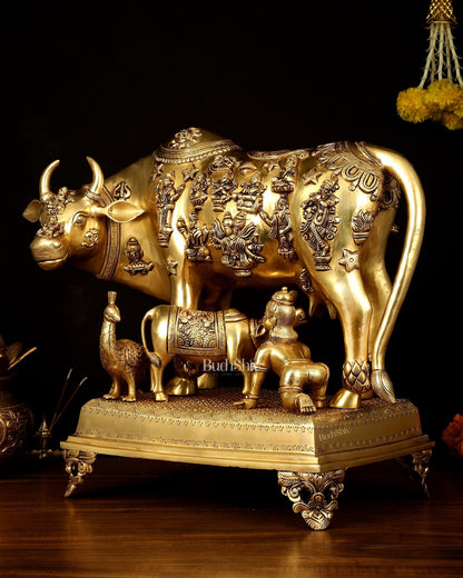 Brass Kamdhenu Large Cow with Calf, bal gopal and engraved deities 20" - Budhshiv.com