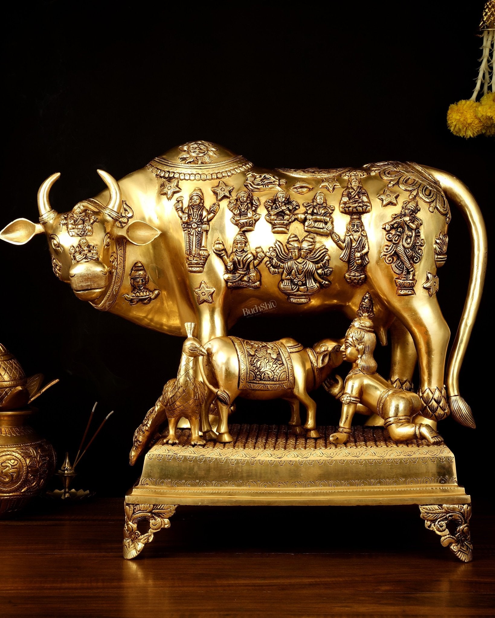 Brass Kamdhenu Large Cow with Calf, bal gopal and engraved deities 20" - Budhshiv.com