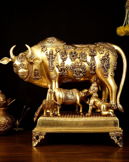 Brass Kamdhenu Large Cow with Calf, bal gopal and engraved deities 20" - Budhshiv.com