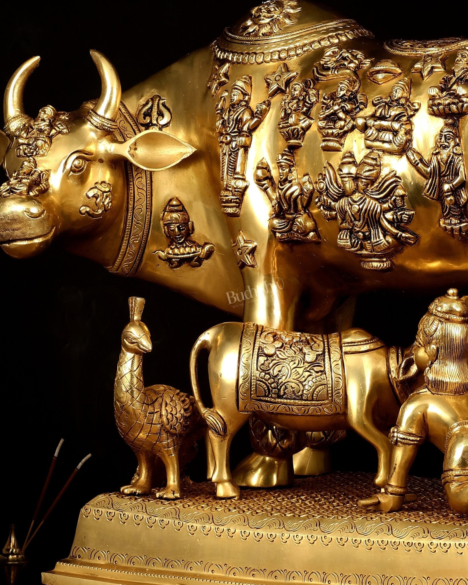 Brass Kamdhenu Large Cow with Calf, bal gopal and engraved deities 20" - Budhshiv.com