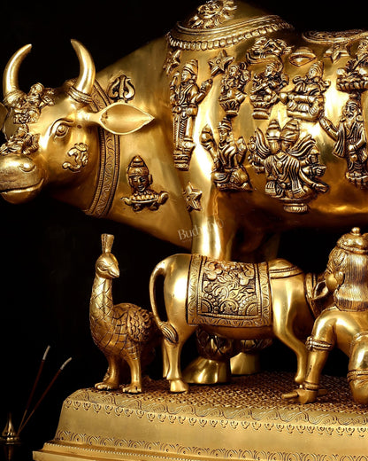 Brass Kamdhenu Large Cow with Calf, bal gopal and engraved deities 20" - Budhshiv.com