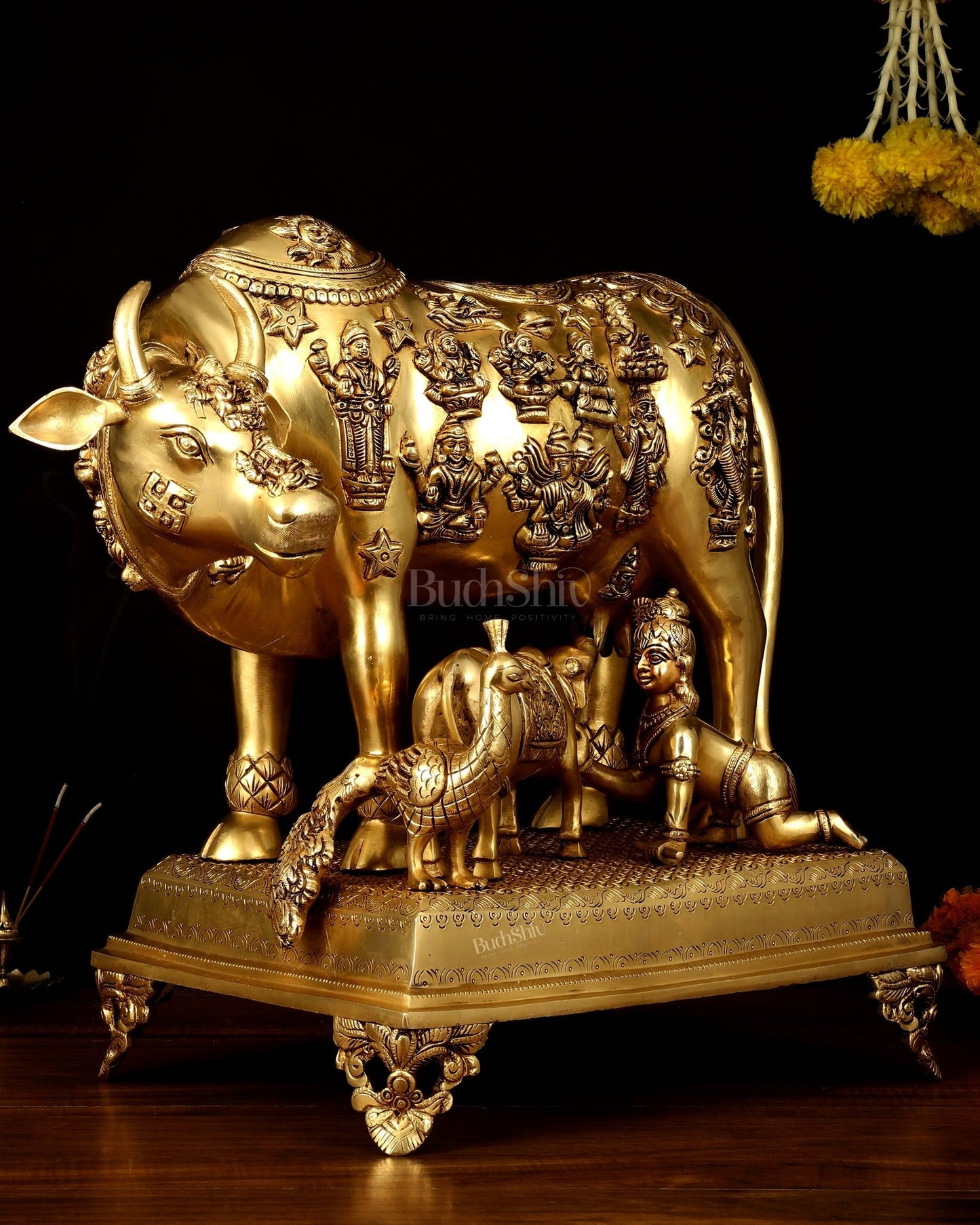 Brass Kamdhenu Large Cow with Calf, bal gopal and engraved deities 20" - Budhshiv.com